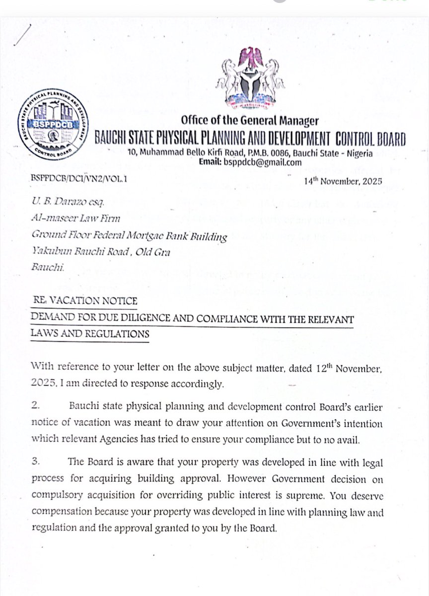 Usman_Yau_78's tweet photo. 14 November 2025

The Board replied.
They said the process was “ongoing.”
They did NOT issue:
❌ Demolition Order
❌ Compensation
❌ Valuation
❌ Acquisition documents
❌ Any follow-up notice

Communication was still active. https://t.co/Nl4s53dZyA