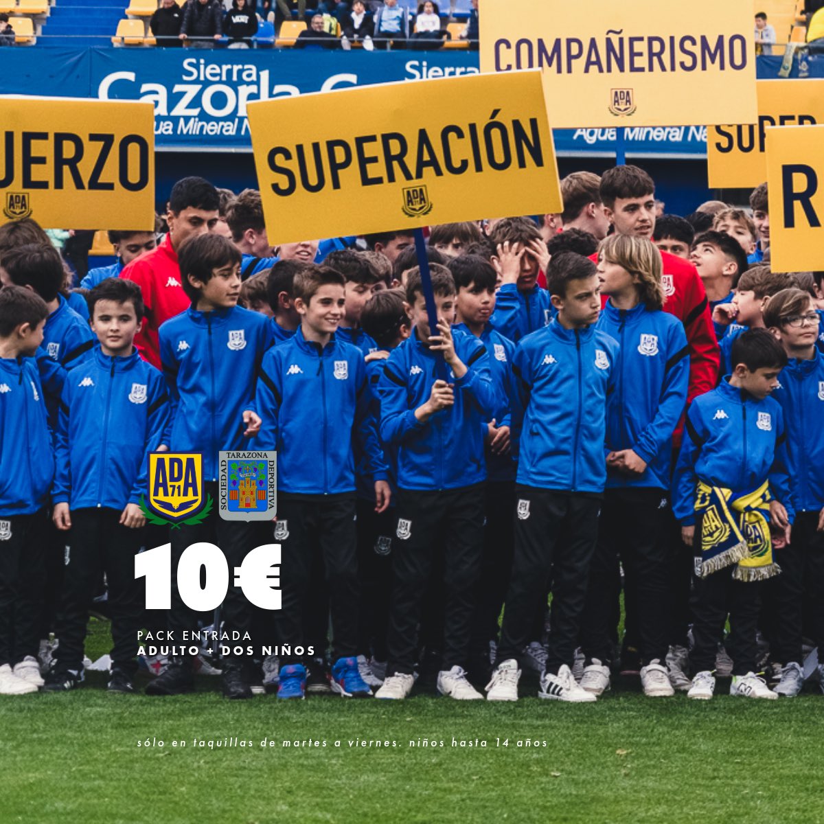 ¡Santo Domingo a reventar! 💪

Desde hoy martes 18 hasta el viernes 21 puedes comprar un pack por 10€ que incluye una entrada de adulto y dos infantiles (hasta 14 años) para el partido de este domingo contra el Tarazona

Solo en las taquillas del estadio hasta agotar el cupo