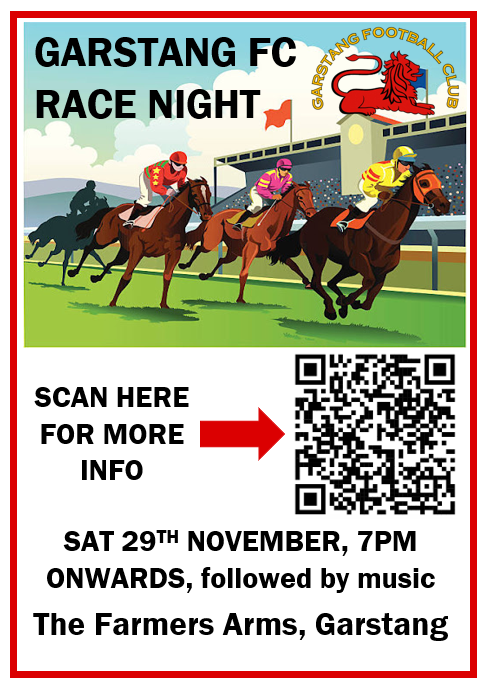 Next Saturday is our Race Night at The Farmers Arms, Garstang. 

Please come along to support the club and one of our major sponsors.

Read more here: garstangfc.co.uk/events/race-ni…

#upthestang