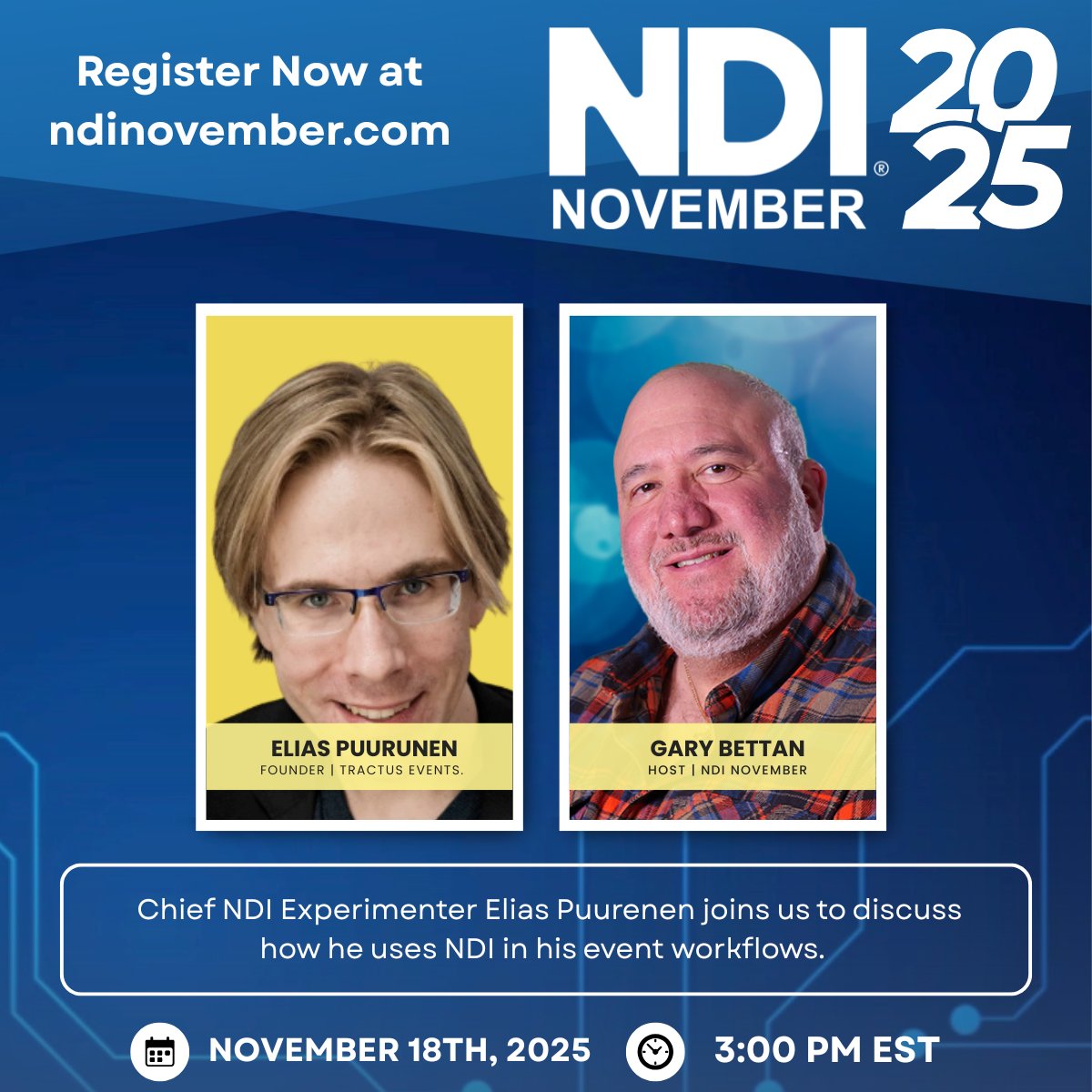 videoguys's tweet image. It’s another day of NDI November! 🎉

Today: Chief NDI Experimenter Elias Puurunen + system integrators who somehow make IP video behave.

NDI November = free demos, case studies &amp;amp; workflow deep dives all month.

Register: ndinovember.com

#NDINovember #NDI #AVTech