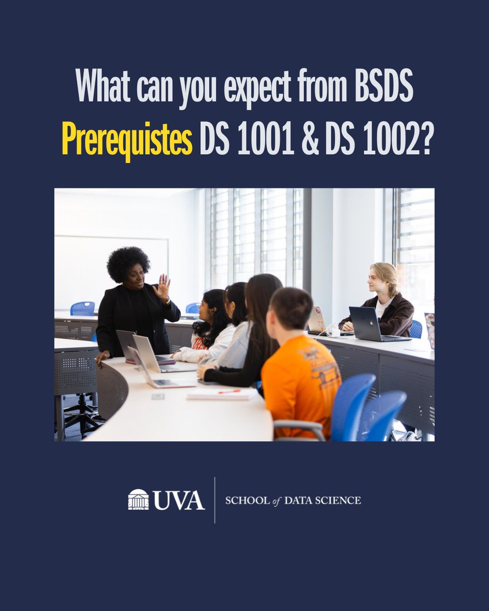 uvadatascience's tweet image. Students interested in the B.S. in Data Science will need two prerequisite courses: DS 1001 and DS 1002. But what do these classes actually cover, and how do they prepare you for the major? Learn more: bit.ly/49uTqfb