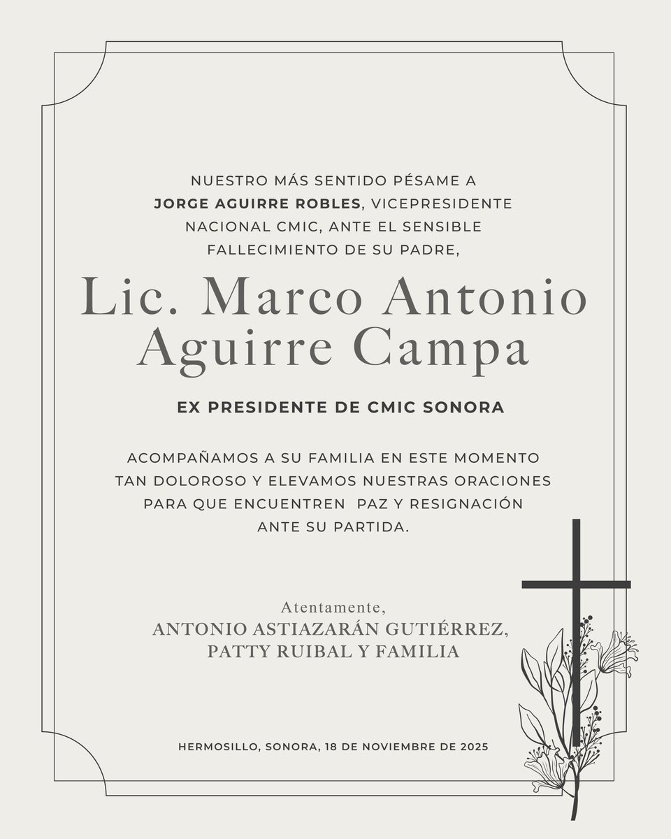 Expresamos nuestro más sentido pésame a Jorge Aguirre Robles, Vicepresidente Nacional CMIC, por el fallecimiento de su padre, Lic. Marco Antonio Aguirre Campa. 

Nos unimos en oración por su eterno descanso.