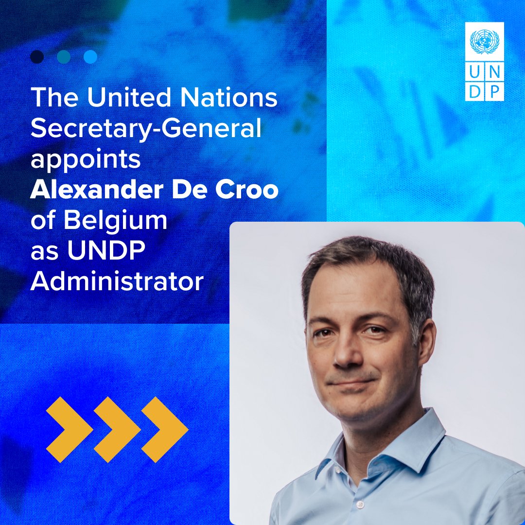 Alexander De Croo of Belgium has been appointed as new <a href="/UNDP/">UN Development</a> Administrator!

We at <a href="/UNDPUkraine/">UNDP Ukraine 🇺🇦</a> wish <a href="/alexanderdecroo/">Alexander De Croo 🇺🇳</a> a warm welcome to our UNDP family and look forward to working together!

Explore more ➡️ go.undp.org/iWq