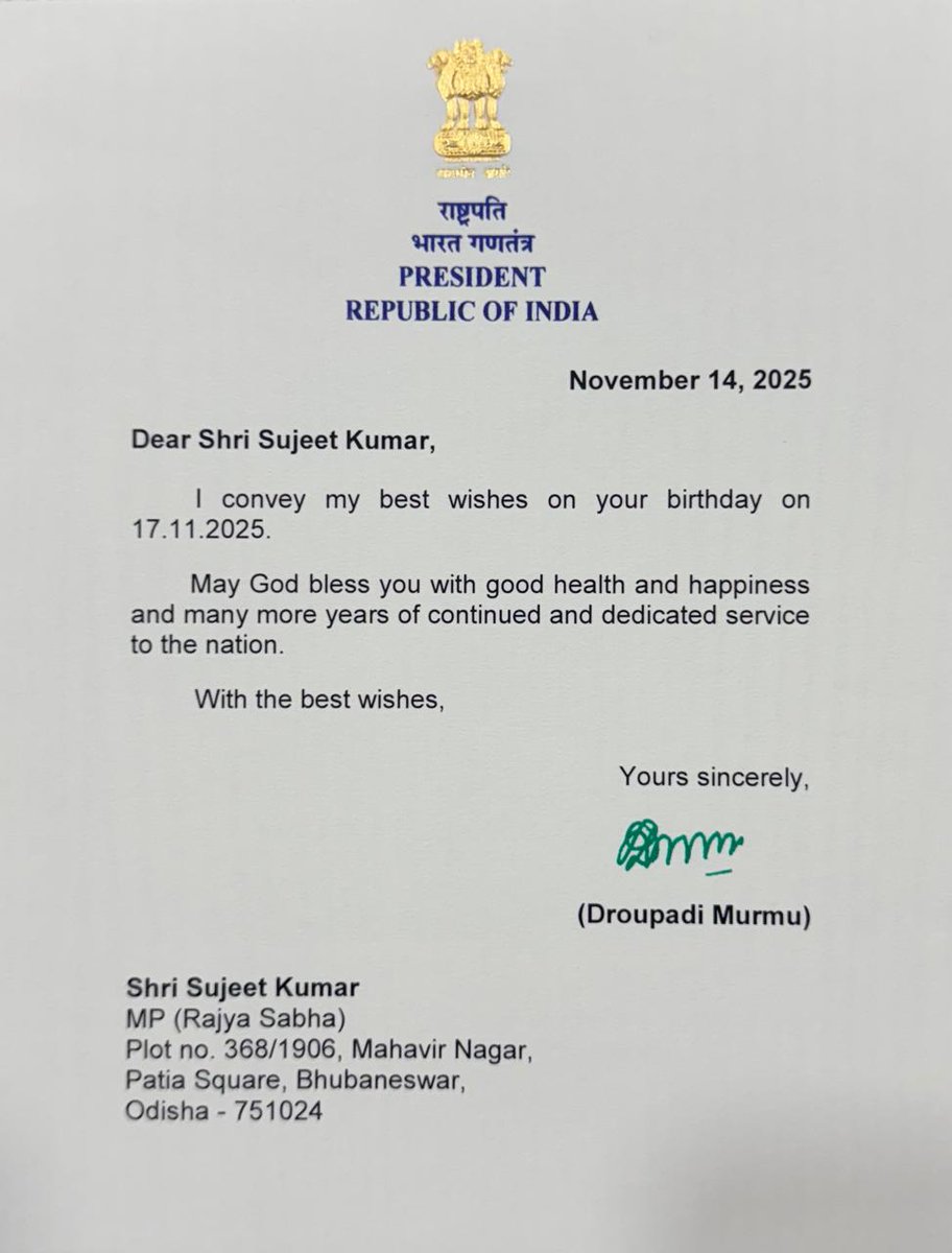 SujeetKOfficial's tweet image. My heartfelt gratitude to Hon’ble President Droupadi Murmu Ji for her gracious birthday wishes. Your blessings inspire me to work harder and serve our people with greater dedication.
@rashtrapatibhvn