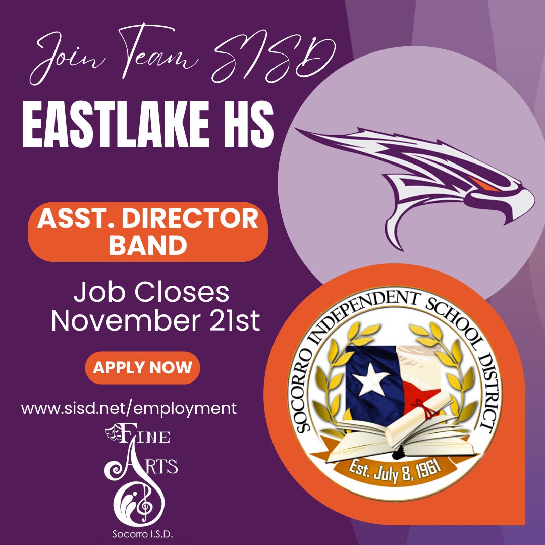 SISD_FineArts's tweet image. Join the #TeamSISD and become part of the Falcon Band! Apply at sisd.net/employment #SISDFineArts