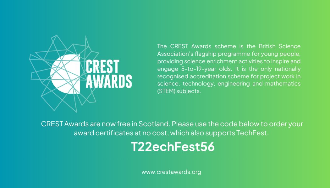 TechFestNews's tweet image. Did you know that CREST Awards are now free in Scotland? Use the code below to order your award certificates at no cost - this also supports TechFest:

T22echFest56

For more details, visit: techfest.org.uk/education/crest
