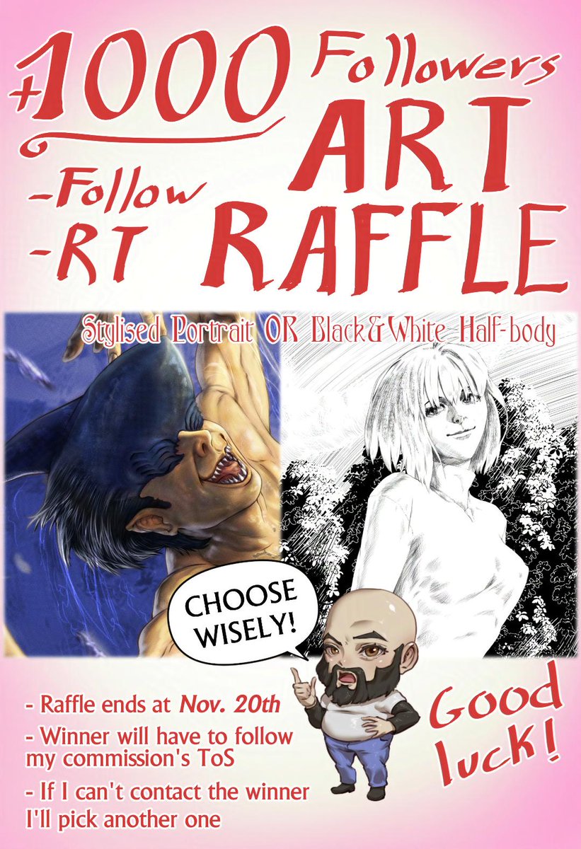 (Imagen en inglés para seguidores internacionales, que son más por dibujo)

¡CELEBRO 1000 SEGUIDORES CON UN SORTEO ARTÍSTICO!

¿Quieres un retrato estilizado o dibujo en B&amp;N a medio cuerpo? ¡FÁCIL!
-Sígueme
-Retuitea esto (¡Citas no cuentan!)

¡HASTA EL 20/11!
#artraffle