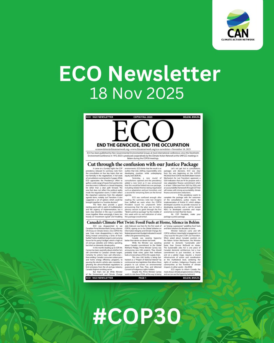 Tuesday's ECO breaks down what a real Justice Package should look like at #COP30 and calls out the major contradictions blocking progress. 

Read ECO 8 now: climatenetwork.org/resource/eco-8…