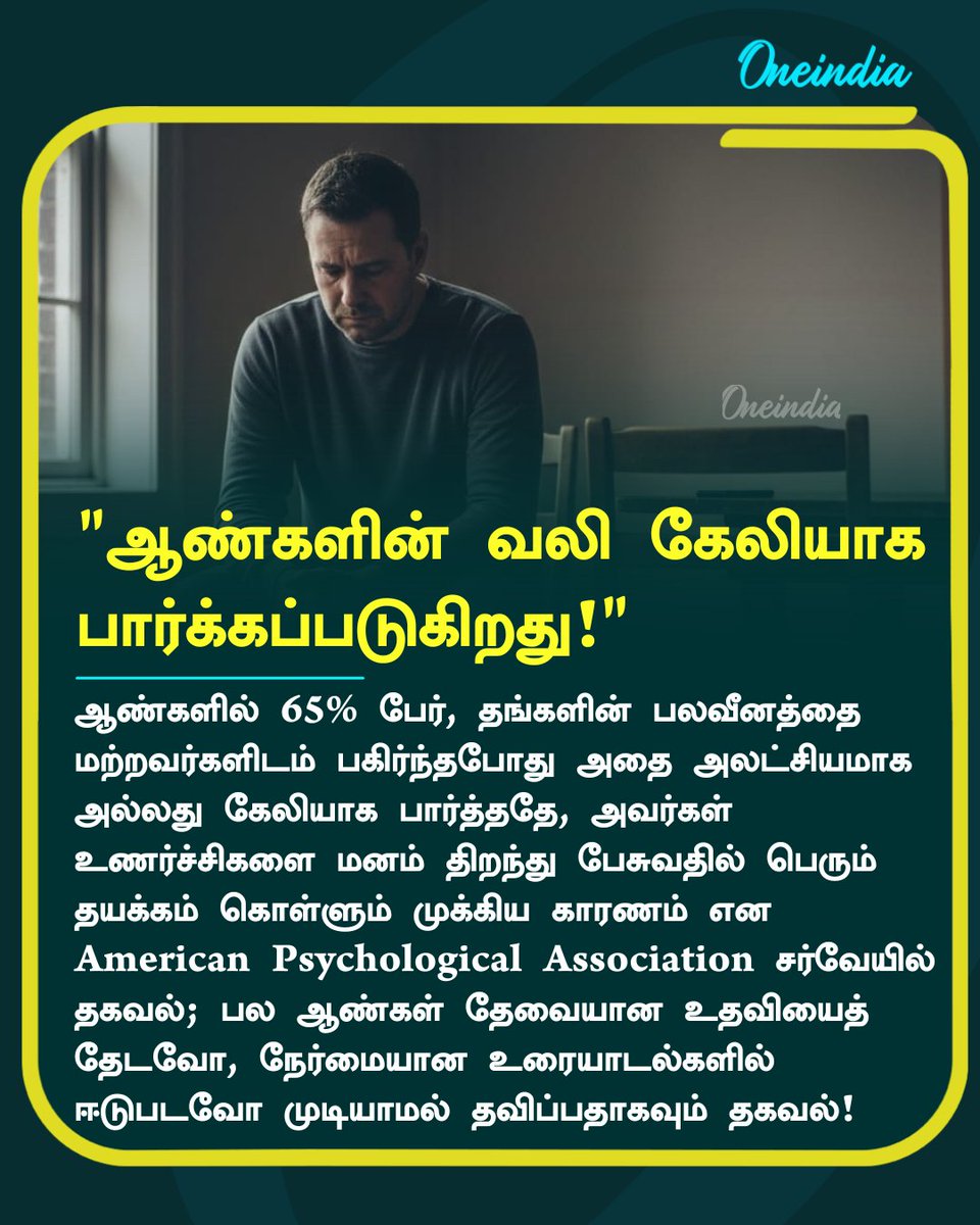 thatsTamil's tweet image. &quot;ஆண்களின் வலி கேலியாக பார்க்கப்படுகிறது!&quot; - American Psychological Association சர்வேயில் தகவல்

#Vulnerability #Weakness #Pain #Sadness #Men #Offbeat #Oneindia #OneindiaTamil | Image: AI Generated