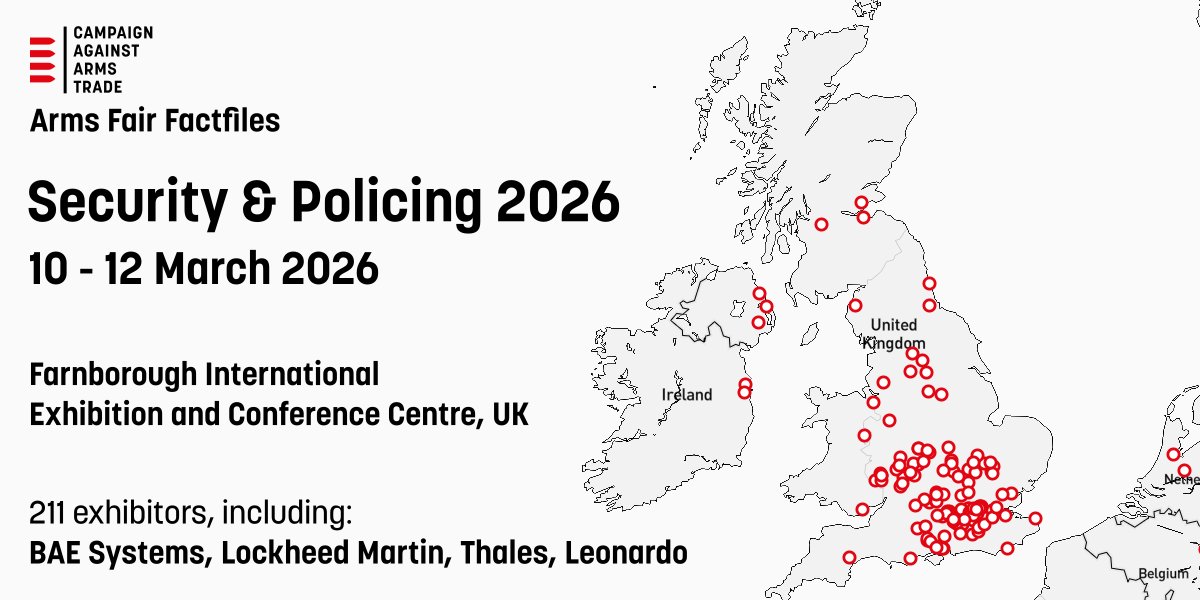 CaatData's tweet image. The UK's increasingly militarised policing, surveillance and border control trade show will again take place in Farnborough next March. The current exhibitor list has been added to CAAT's website. caat.org.uk/data/arms-fair…
