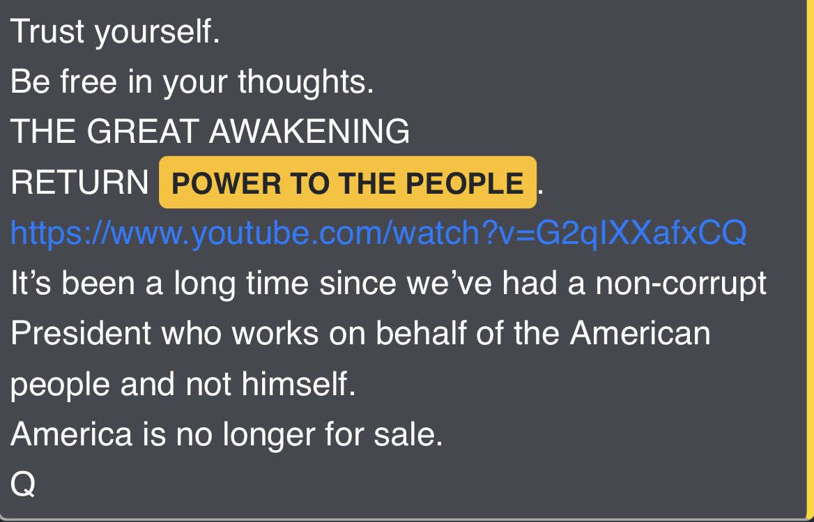 Here is a “POWER TO THE PROPLE” pesky Q proof… 

11/18/25 President Trump posts “POWER TO THE PEOPLE”

There are 12 Q posts with “POWER TO THE PEOPLE”

2/24/18 post 2885
They NEVER thought Crooked Hillary would lose.
SO MANY DISASTROUS MISTAKES MADE.
RETURNING POWER TO THE