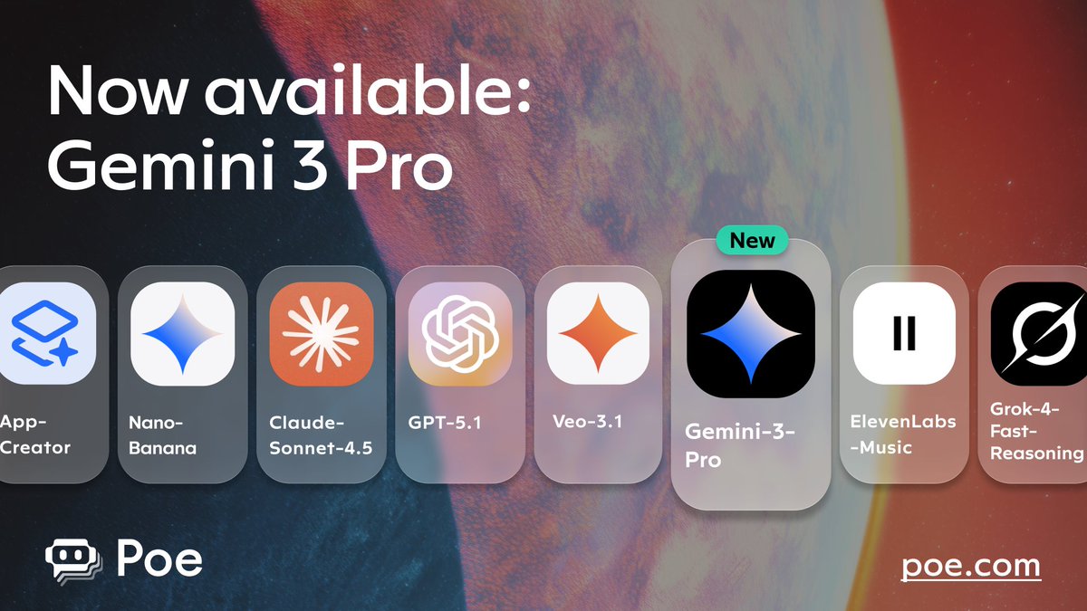 Gemini 3 Pro is now on Poe!

Benchmark results indicate it will offer state-of-the-art performance on math, coding, computer use, and long‑horizon agent tasks. 

You can try it in the Poe app on all platforms and in the Poe API at: poe.com/Gemini-3.0-Pro.