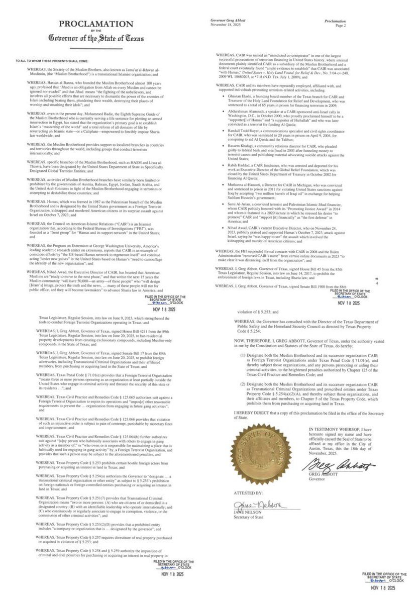 HOLEE SHYT! It’s happening… 👀 

Texas Governor Greg Abbott designates the Muslim Brotherhood and Council on American-Islamic Relations as FOREIGN TERRORIST and Transnational Criminal Organizations.

“This bans them from buying or acquiring land in Texas and authorizes the