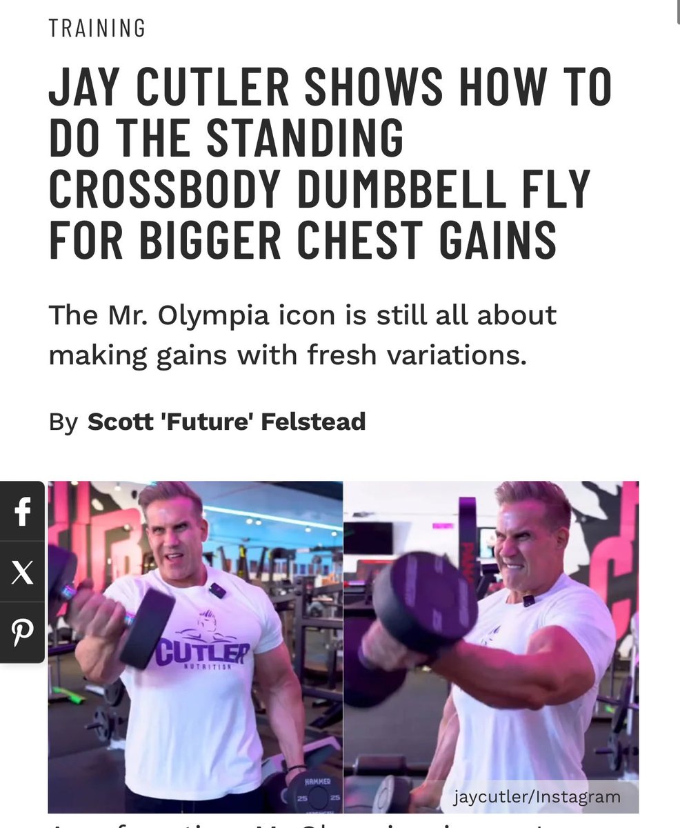 muscle_fitness's tweet photo. JAY CUTLER SHOWS HOW TO DO THE STANDING CROSSBODY DUMBBELL FLY FOR BIGGER CHEST GAINS

The Mr. Olympia icon is still all about making gains with fresh variations.
By Scott 'Future' Felstead

Read Article 
https://t.co/xpBcVzJLgB

#muscleandfitness #flexmagazine #jaycutler #standingdumbbellfly #exercise