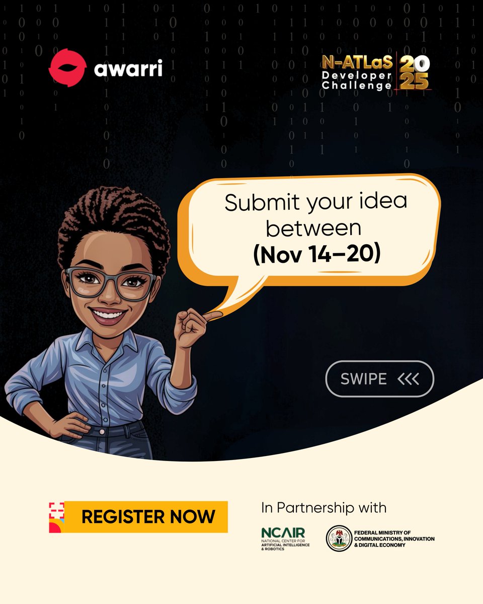 Calling all developers! 
The Awarri Developer Challenge 2025 is LIVE in partnership with <a href="/NCAIRNigeria/">National Center for AI and Robotics, Nigeria.</a> !
Here's how to enter the challenge and stand a chance to win from our ₦1M prize pool.

Register: awarri.com/developer-chal…

#AwarriAI #NATLaS #DevLife