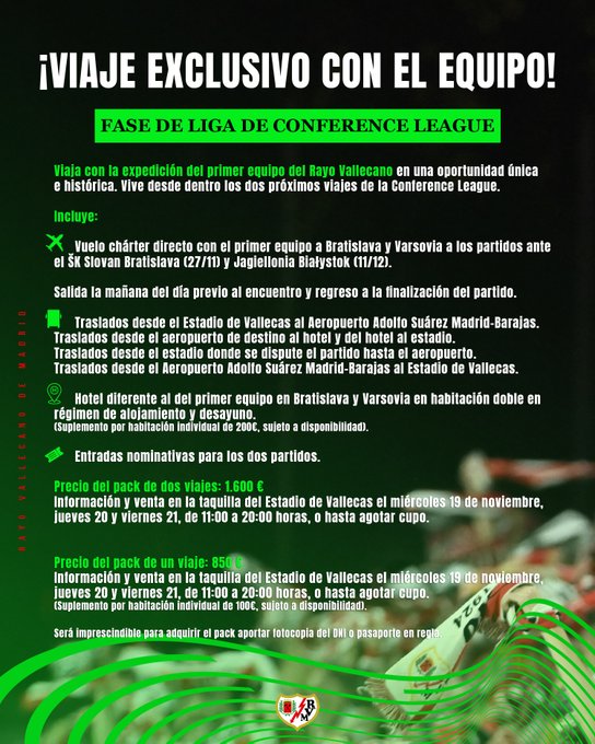 Promotional flyer in green and white colors with Rayo Vallecano logo at top detailing exclusive team travel for Conference League phase including flight to Bratislava on October 27 return November 16 itinerary from Madrid airport to hotel and matches with prices starting at 1500 euros and contact info.