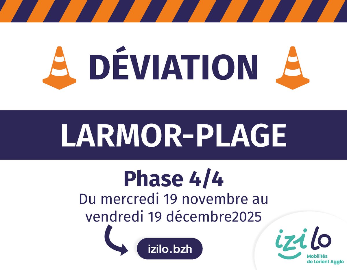IZILOInfoTrafic's tweet image. [INFO 🔔 TRAFIC] #IZILOMobilitésdeLorientAgglo #Larmor-Plage #Plœmeur 
🚌 Lignes T4 et 109 
🚧 En raison de travaux 
📅 Du mercredi 19 novembre au vendredi 19 décembre 2025 
❌ Arrêts non desservis et horaires adaptés 
👉 urlr.me/n2mVGb