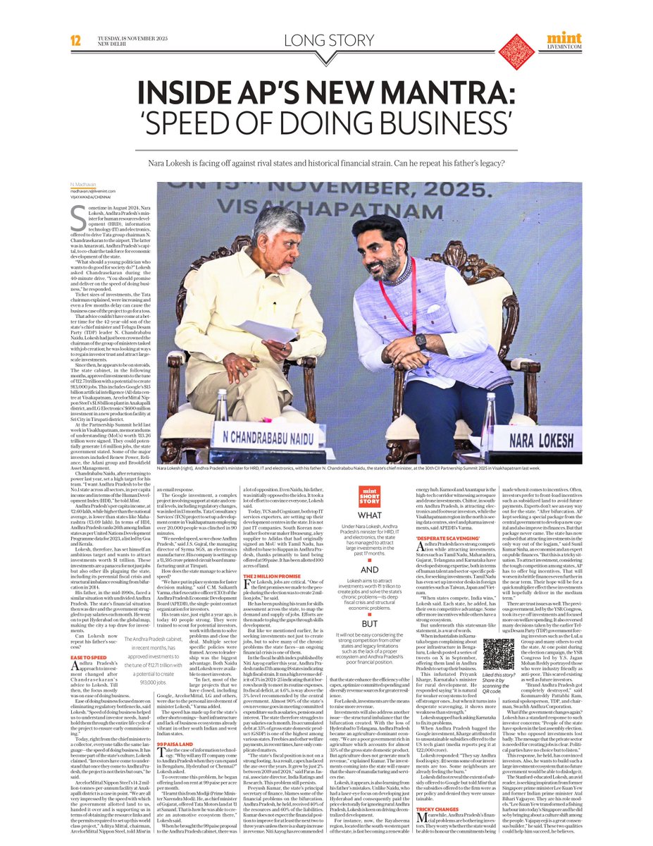 naralokesh's tweet image. Appreciate @livemint for the thoughtful long-form profile. It captures both our commitment to speed and transparency, and also the occasional banter that keeps us going. AP is accelerating, and the journey has just begun. 
@Madhuta 

livemint.com/economy/nara-l…
