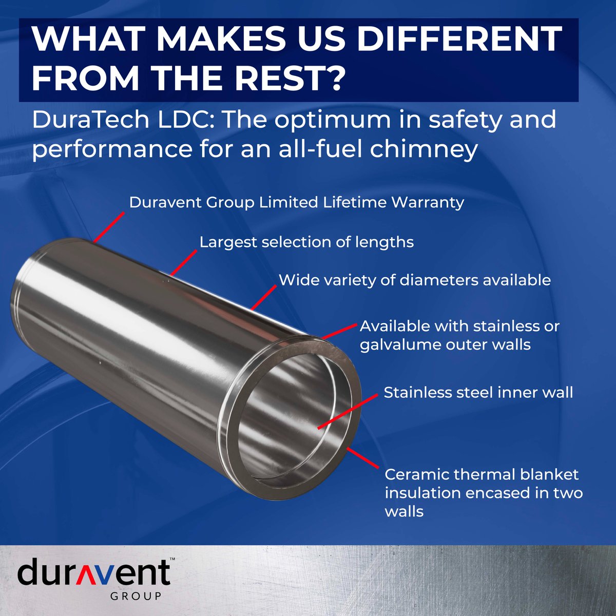 When it comes to safety and performance, the DuraTech® LDC 10"-24" All-Fuel, Double-Wall Chimney System is the optimal solution for venting large-scale residential fireplaces (masonry and factory-built), boilers, and other high-temperature appliances. duraventgroup.com/dt-ldc