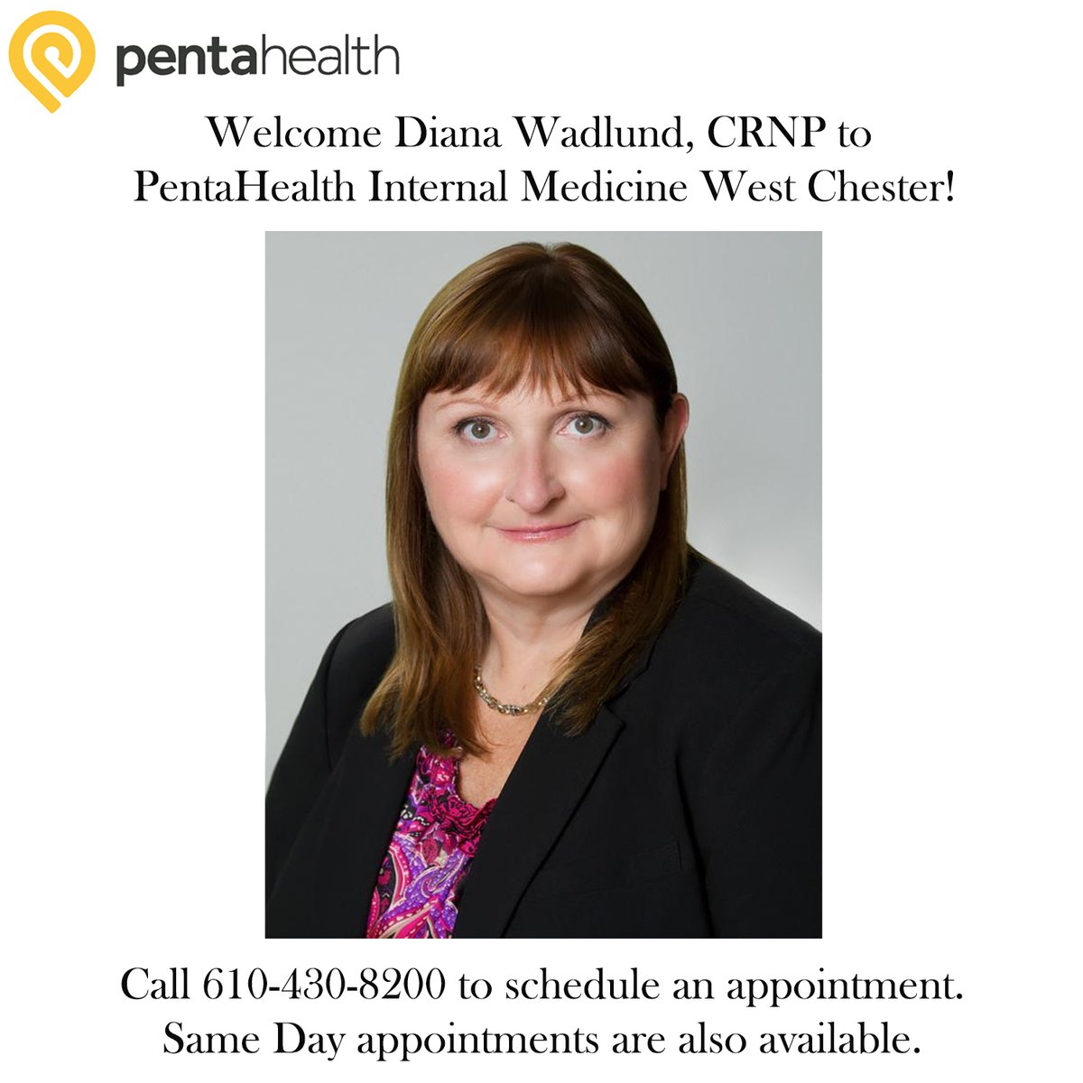 phdocs's tweet image. Diana Wadlund, CRNP joined PentaHealth Internal Medicine West Chester on August 1st, 2025! She is accepting new patients. Call 610-430-8200 to schedule a visit. 

Click here to learn more about her: pentahealth.com/welcome-diana-… 

#pentahealth #newprovider