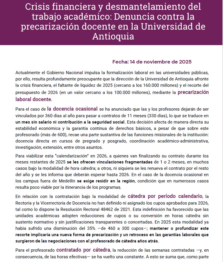 #Crisisfinanciera #denuncia #UdeA #docentes