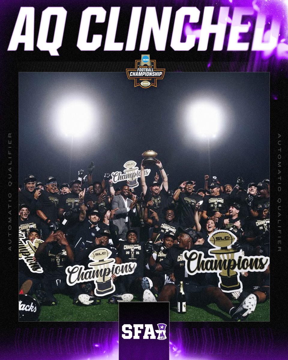 NCAA_FCS's tweet image. 🚨 CLINCHED 🚨

@SFA_Football is NCAA Tournament Bound after claiming the @SouthlandSports Conference title! 🏆

#FCS