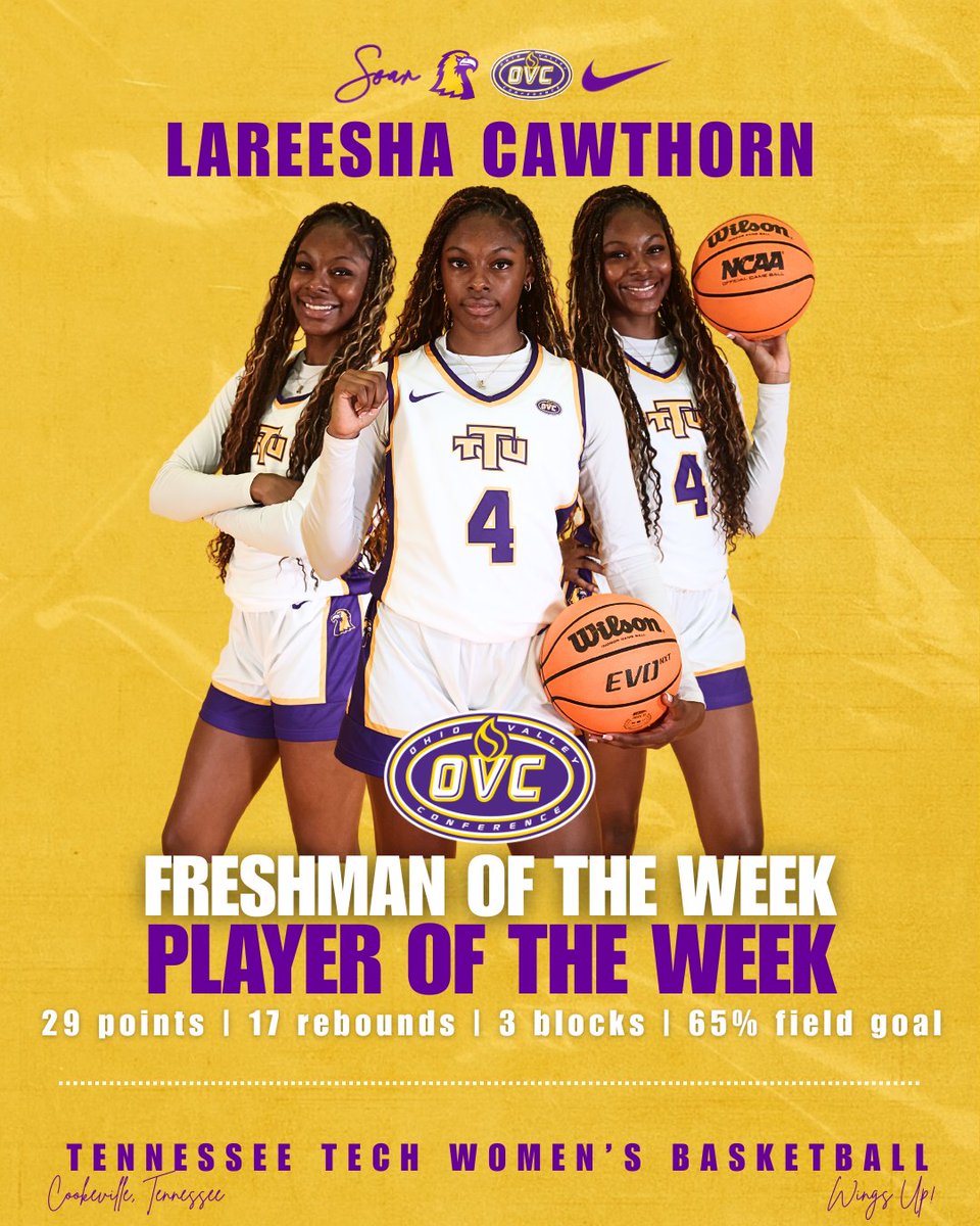 TTUWBB's tweet photo. Congrats to LaReesh Cawthorn, who was named the OVC's Player and Freshman of the Week! Let's go, Reesha! READ: https://t.co/hU0ssL7Fs1 #WingsUp https://t.co/VF6ItV1LkB