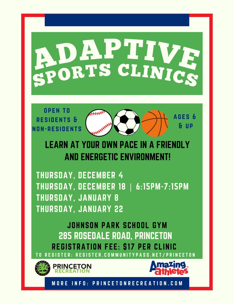 PrincetonRec's tweet photo. Register now for our upcoming Adaptive Sports Clinics, starting 12/4. Open to individuals ages 6 &amp; up with autism, intellectual, developmental, and physical disabilities.

For More Info: https://t.co/qiamUsMzsk

Register now: https://t.co/y9wn194UHP

@ViktoriaWargo @Principal_LB https://t.co/agk2P6E5MF
