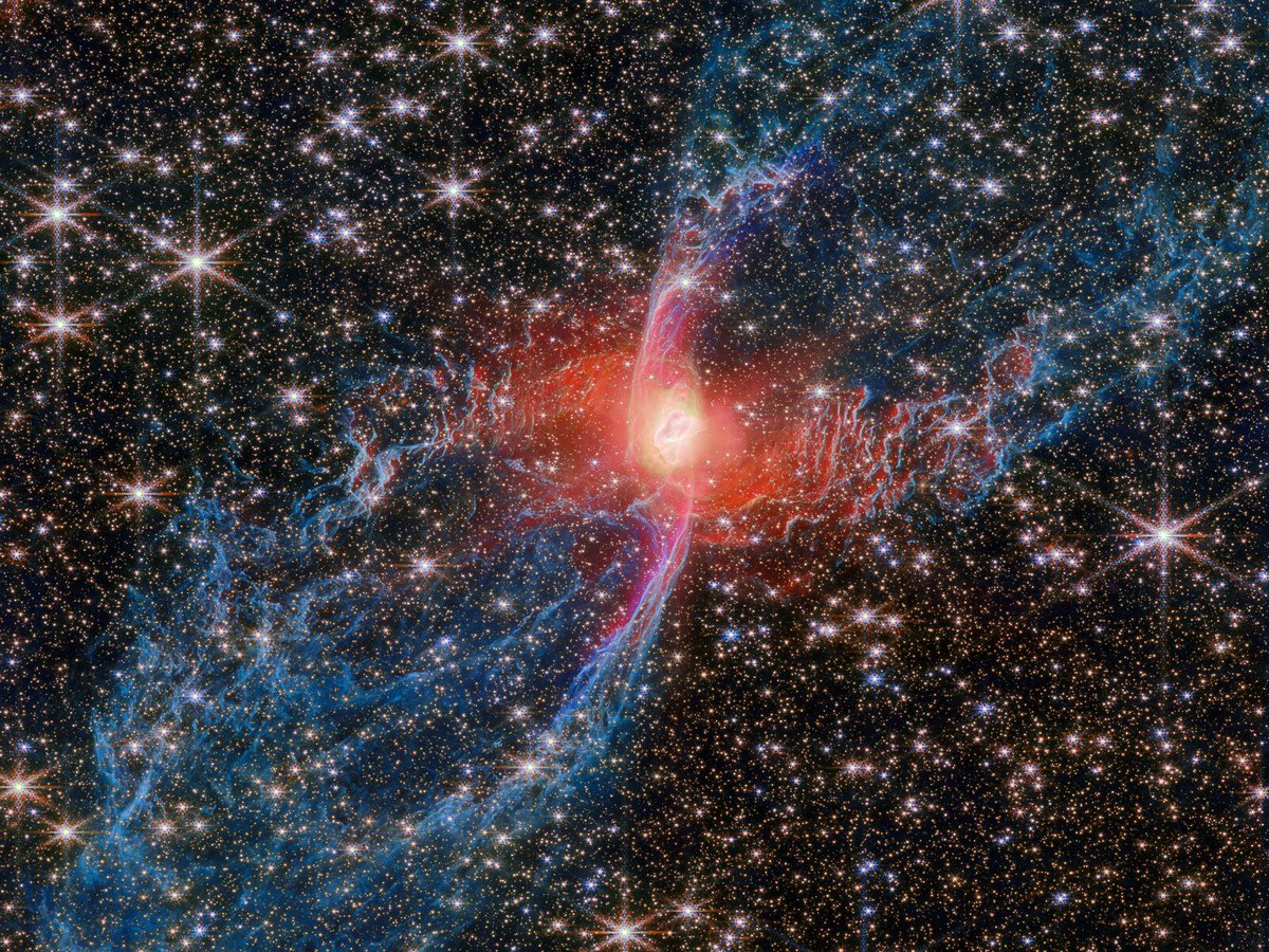 Newest image from JWST.  

The Red Spider Nebula.

3,000–8,000 light-years away from us.