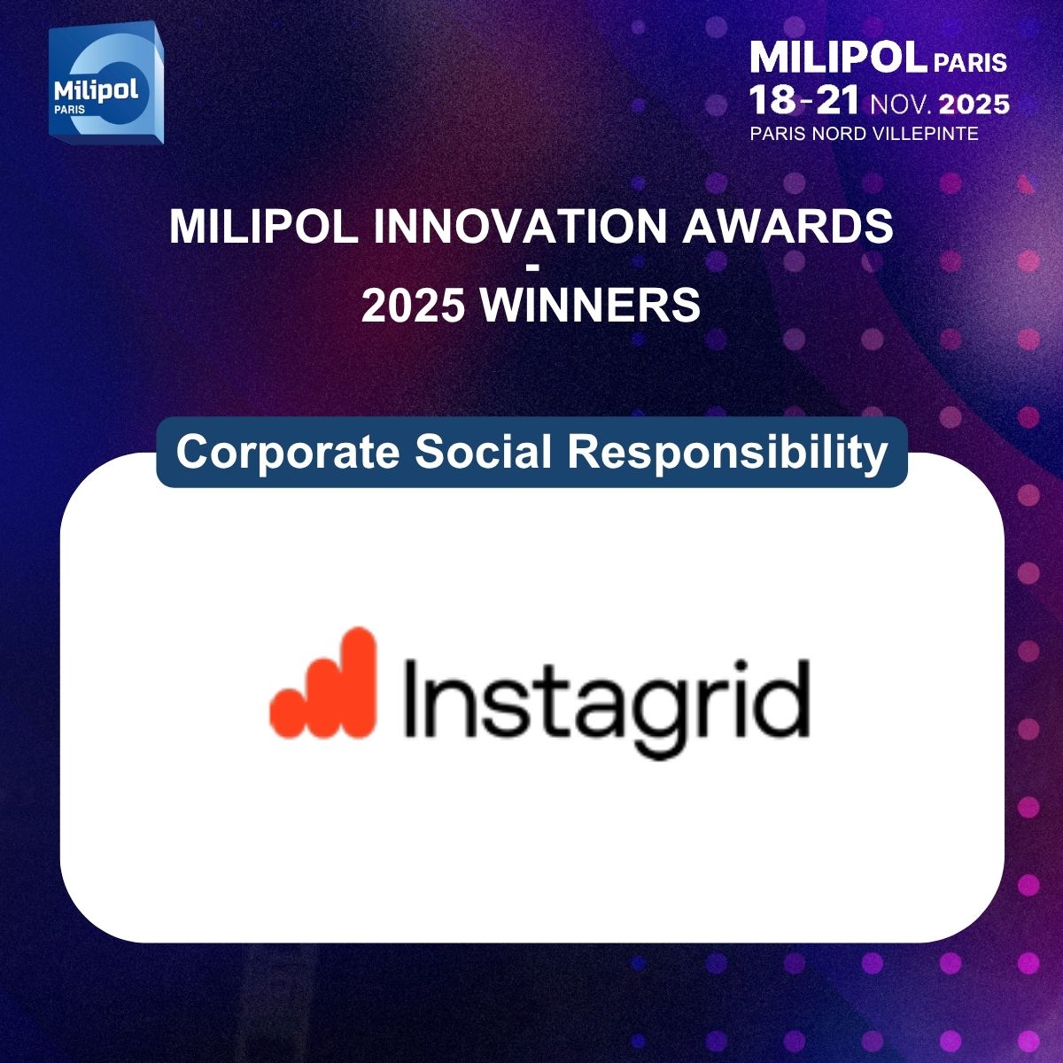 Milipol_Paris's tweet image. Milipol Innovation Awards Winners:

🎖️ &quot;Cybersecurity &amp;amp; AI&quot; – FORMAL FOUNDRY
🎖️ &quot;Individual Equipment / First Responder Protection&quot; – PRIVAMAP
🎖️ &quot;Drone &amp;amp; Anti-Drone Systems, Robotics&quot; – ALTA ARES &amp;amp; DEFSECINTEL SOLUTIONS
🎖️ &quot;Crisis Management&quot; – LINEV SYSTEMS
🎖️ &quot;CSR&quot; – INSTAGRID