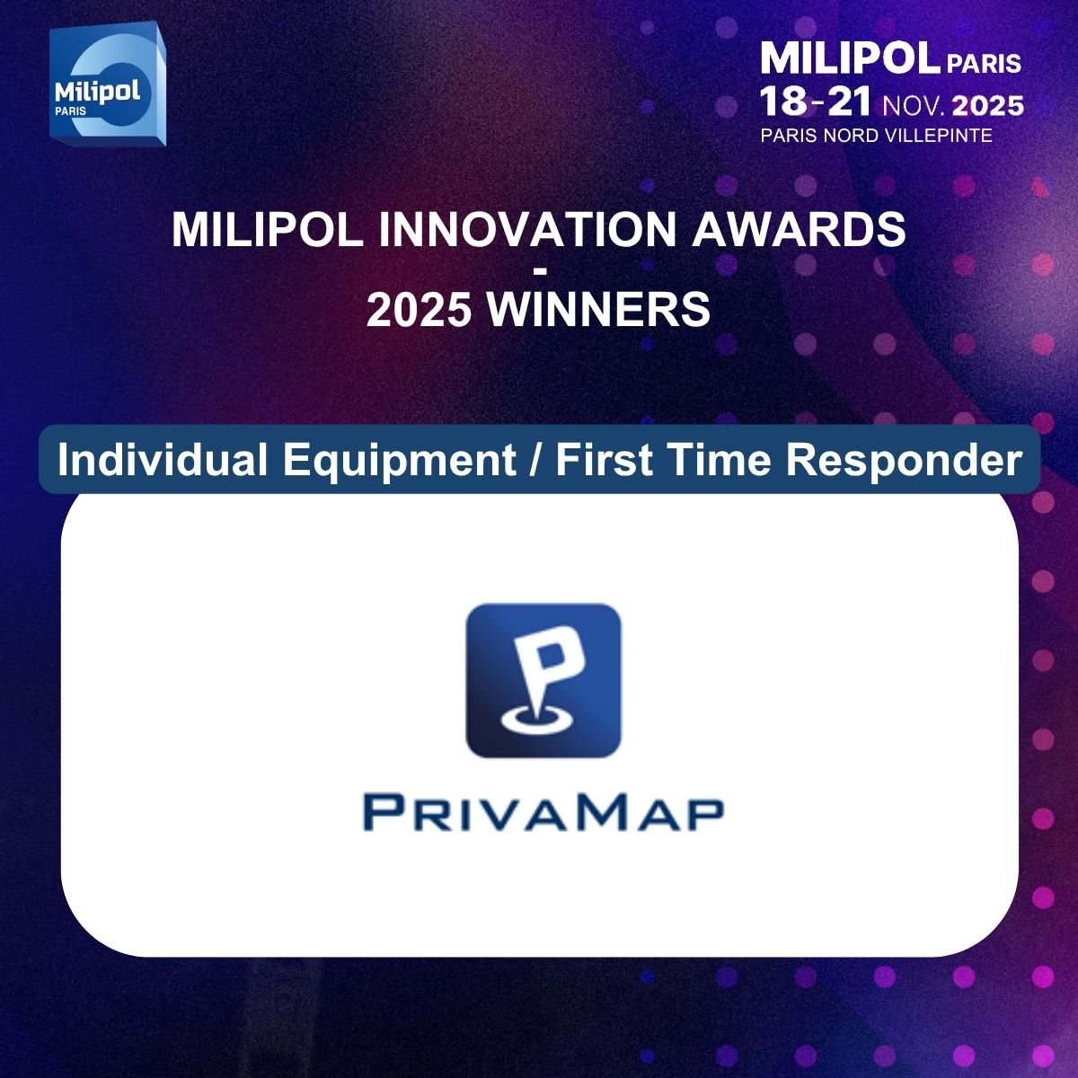 Milipol_Paris's tweet image. Milipol Innovation Awards Winners:

🎖️ &quot;Cybersecurity &amp;amp; AI&quot; – FORMAL FOUNDRY
🎖️ &quot;Individual Equipment / First Responder Protection&quot; – PRIVAMAP
🎖️ &quot;Drone &amp;amp; Anti-Drone Systems, Robotics&quot; – ALTA ARES &amp;amp; DEFSECINTEL SOLUTIONS
🎖️ &quot;Crisis Management&quot; – LINEV SYSTEMS
🎖️ &quot;CSR&quot; – INSTAGRID