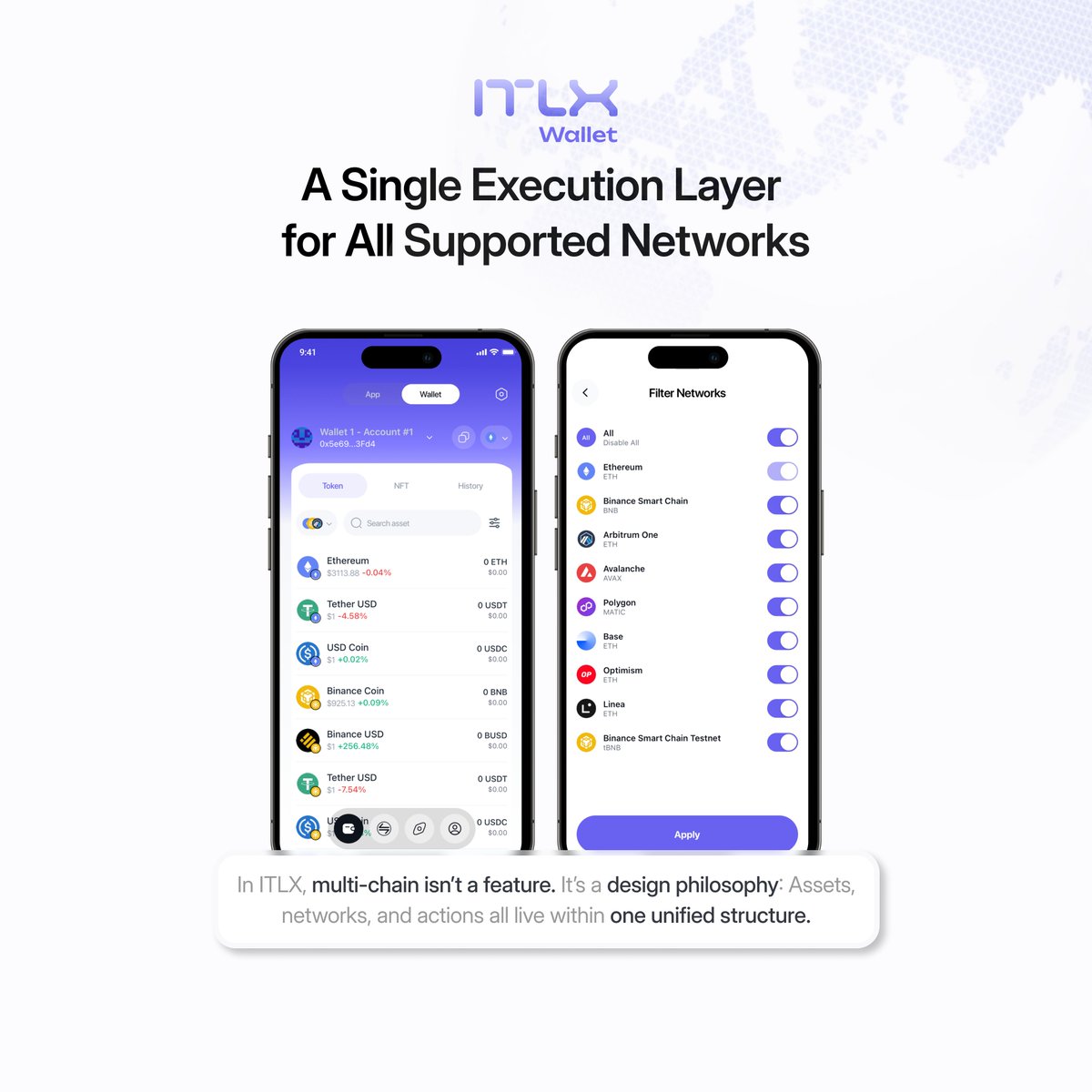A Single Execution Layer for All Supported Networks

Most wallets make multi-chain management feel fragmented, switching screens, reloading token lists, and juggling interfaces. ITLX removes that friction by consolidating networks into a single, consistent execution layer. In