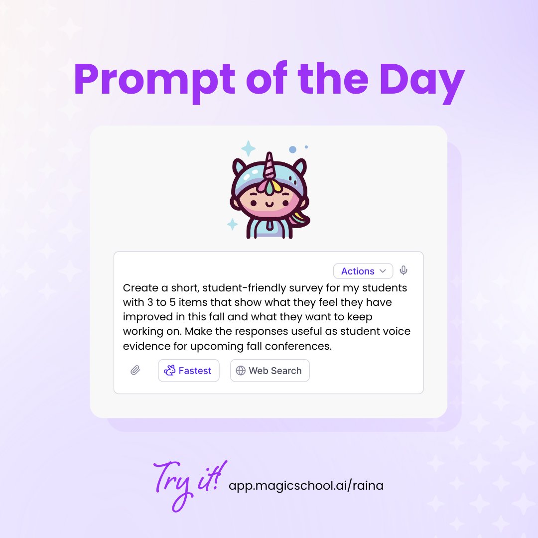 magicschoolai's tweet image. Fall conferences are coming. Raina can create a short student survey that highlights growth and next steps, giving you clear evidence to bring into each meeting.

#EdTech #ConferencePrep #StudentVoice #TeachingTools #Raina