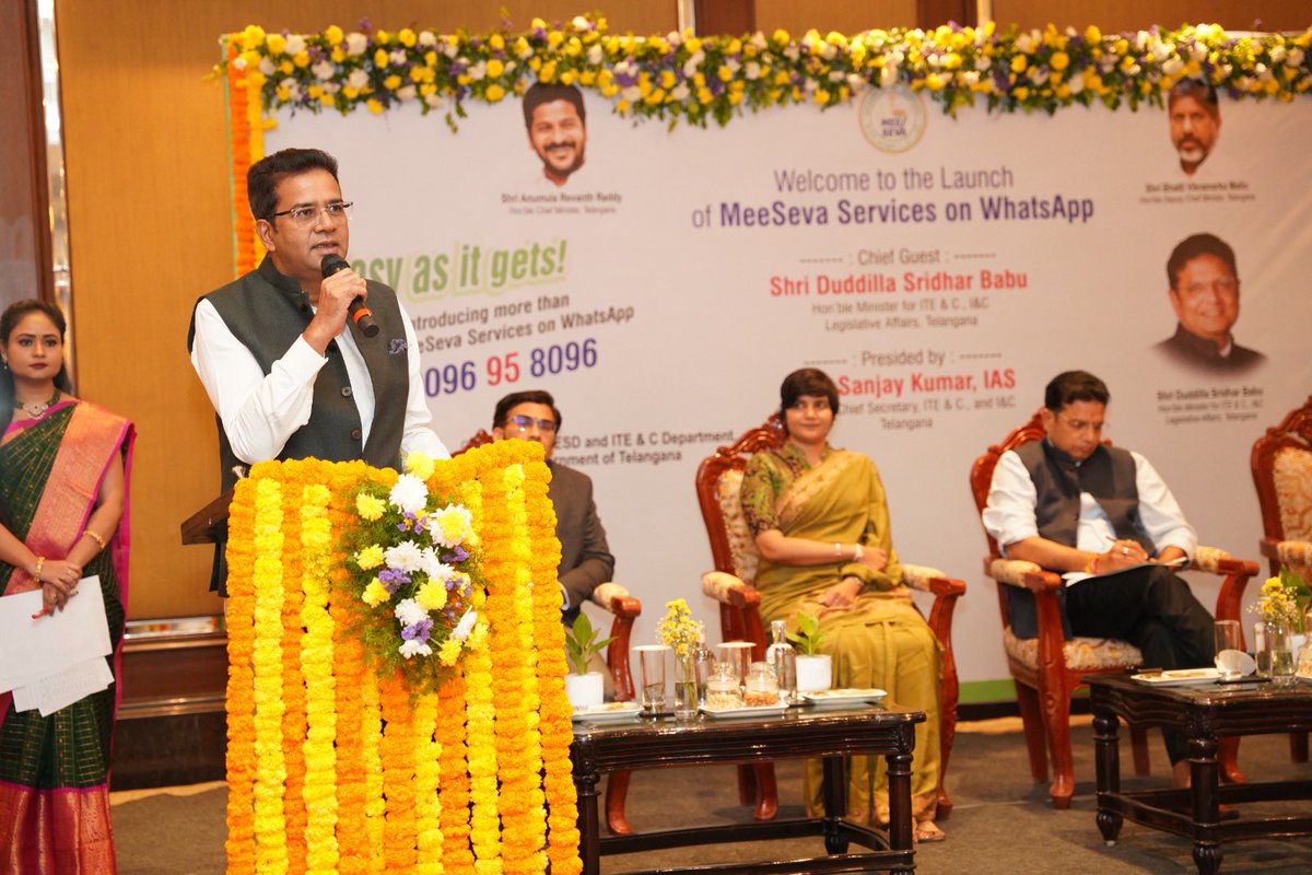 TGMeeSeva's tweet photo. Here’s a glimpse of today’s launch event.

IT Minister Shri D. Sridhar Babu and Shri T. Ravi Kiran, IFS, came together to champion a cause set to redefine how citizens access government services.

All MeeSeva services are now at your fingertips on WhatsApp.

#MeeSevaOnWhatsApp https://t.co/LUt4Q9YUEe