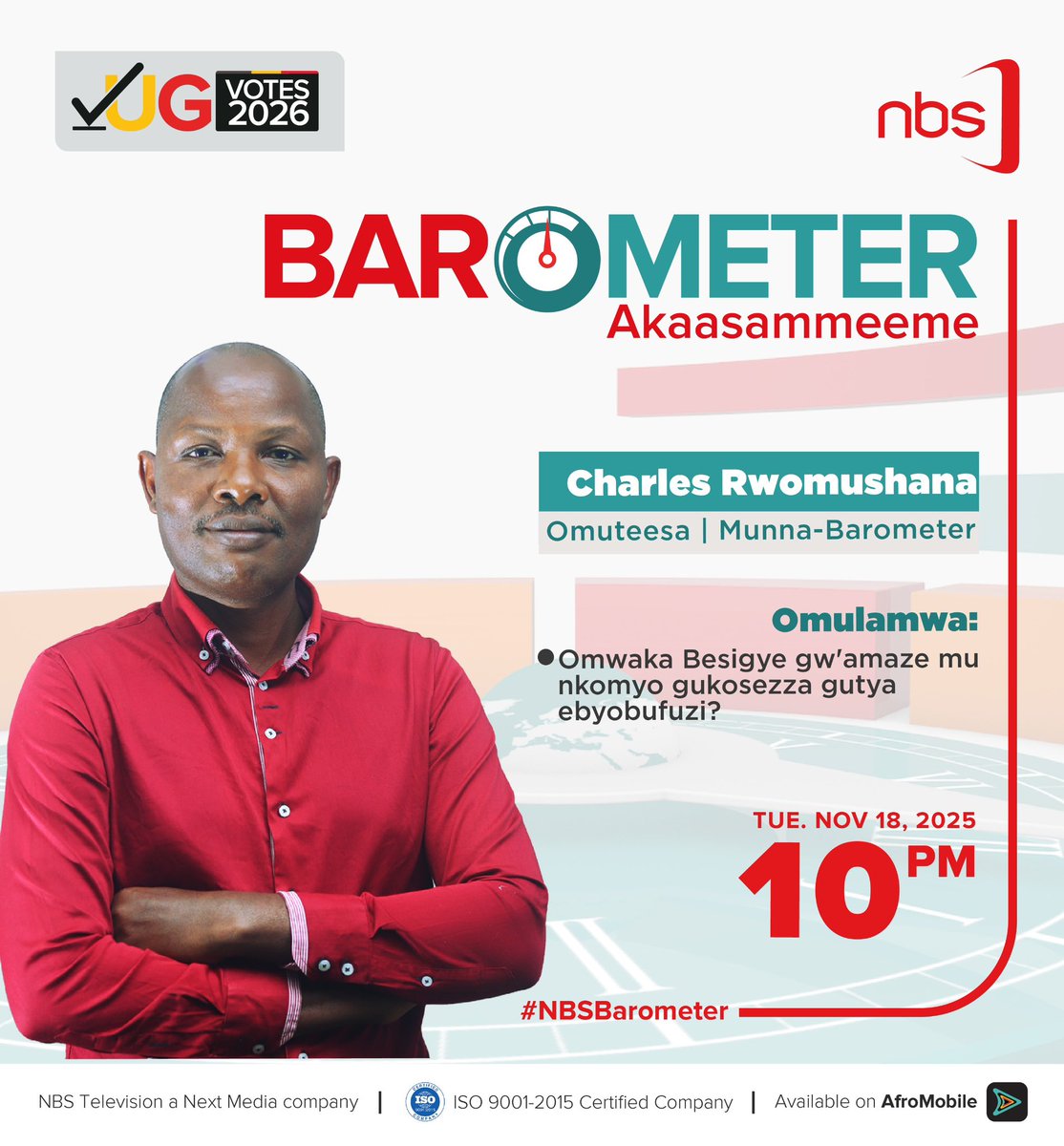 Fireliglntfi's tweet photo. What does Dr. Kizza Besigye’s continued detention spell for the political landscape?

On #NBSBarometer tonight, @adam_kungu hosts Counsel @EriasLukwago_, @rwomchechen, Fred Bamwine, and Moses Bigirwa to discuss this and more. 

Stream live on @afromobileug.

#NBSUpdates https://t.co/I6wHStYuTX