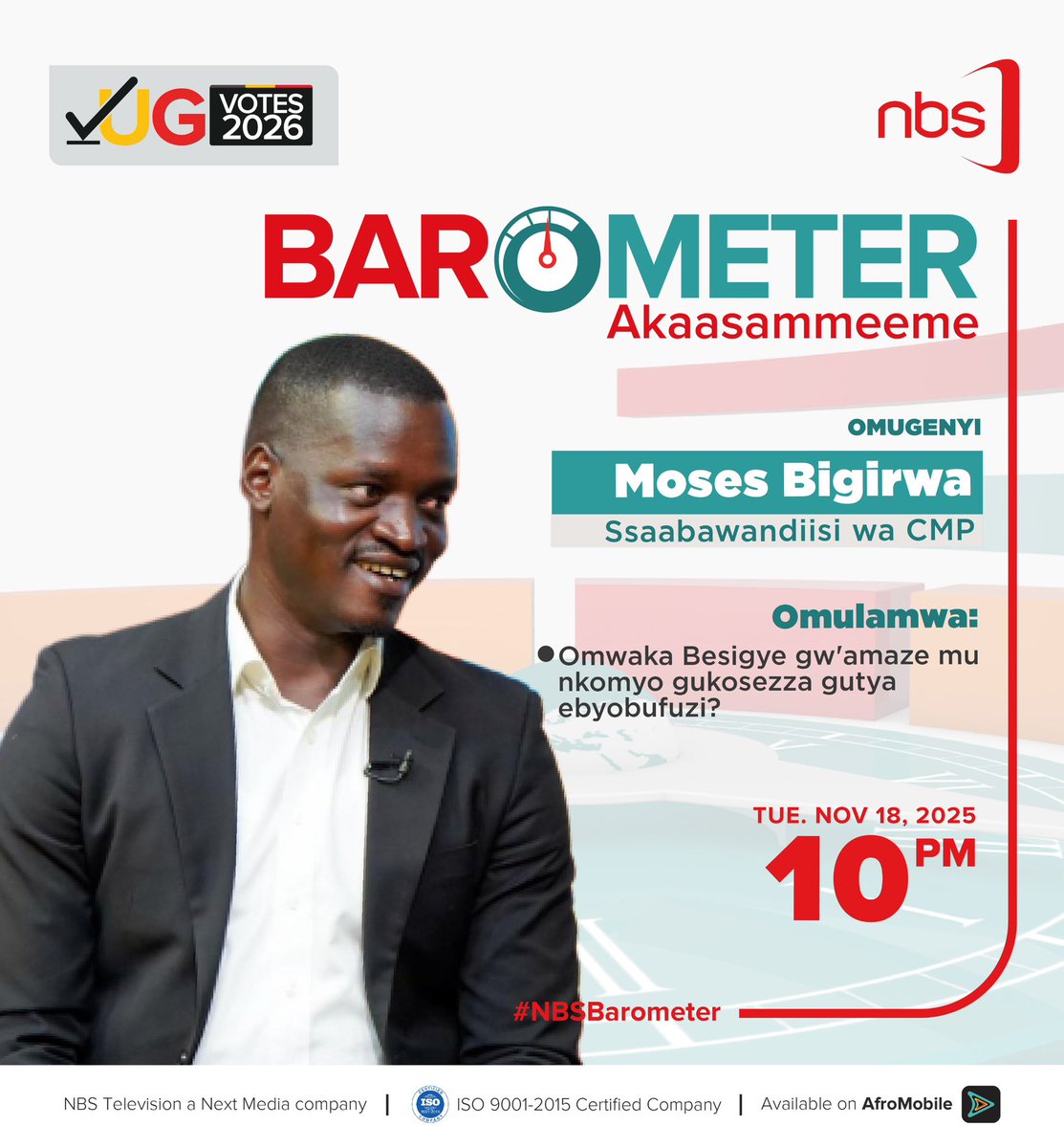 Fireliglntfi's tweet photo. What does Dr. Kizza Besigye’s continued detention spell for the political landscape?

On #NBSBarometer tonight, @adam_kungu hosts Counsel @EriasLukwago_, @rwomchechen, Fred Bamwine, and Moses Bigirwa to discuss this and more. 

Stream live on @afromobileug.

#NBSUpdates https://t.co/I6wHStYuTX