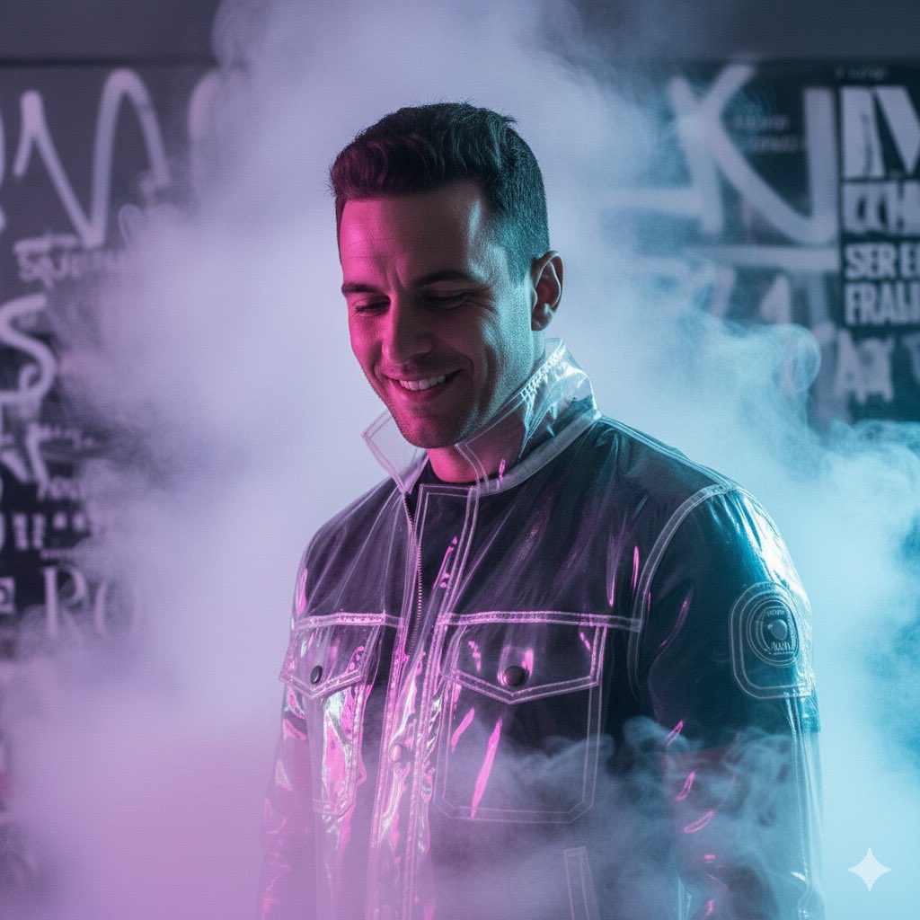Gemini 2.5 Nano Banana 

Prompt A futuristic streetwear portrait of a man in a translucent PVC jacket glowing with pink and blue neon light. He stands in thick mist with soft ambient lighting reflecting off the plastic material. Abstract white graffiti strokes and blurred