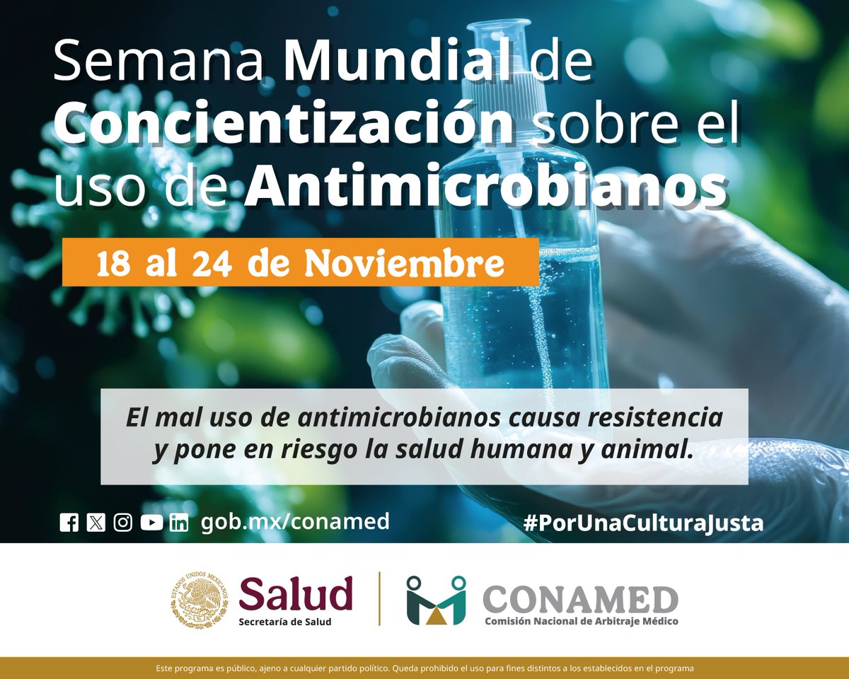 CONAMED_SALUD's tweet photo. 18 al 24 de noviembre | Semana Mundial de Concientización sobre el uso de Antimicrobianos 💊
#Efemérides #Antimicrobianos https://t.co/uKWNBwKuc2