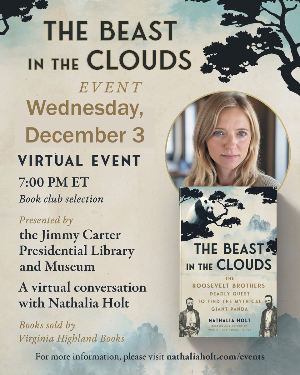 CarterLibrary's tweet image. Event update: The virtual conversation with Nathalia Holt on her new book, &quot;The Beast in the Clouds&quot; has been rescheduled to December 3 at 7pm ET. Books can be purchased online through @vahibooks, register on our website for a discount code and the meeting link.