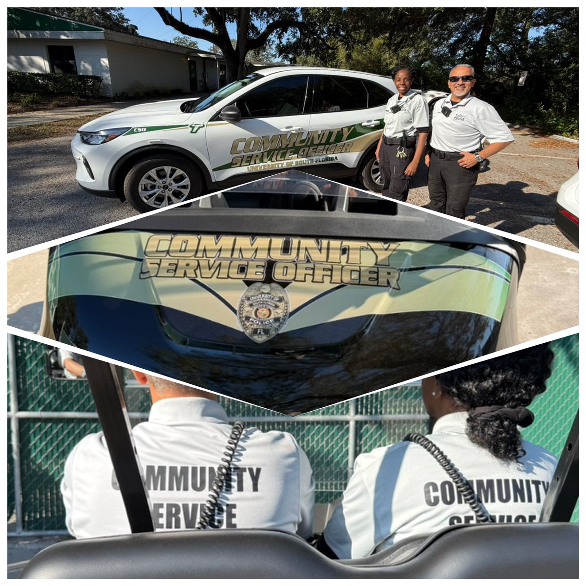 USFPDTampa's tweet photo. Shoutout to CSO Supervisor J. Stinyard &amp; CSO J. Londono! Their dedication helps keep USF safe, connected, and thriving. From traffic safety to supporting law enforcement, they’re vital to campus life. Thank you for all you do! 💚🤘 #USFPD #USF #CampusSafety #GoBulls https://t.co/1Q7u14TXbF