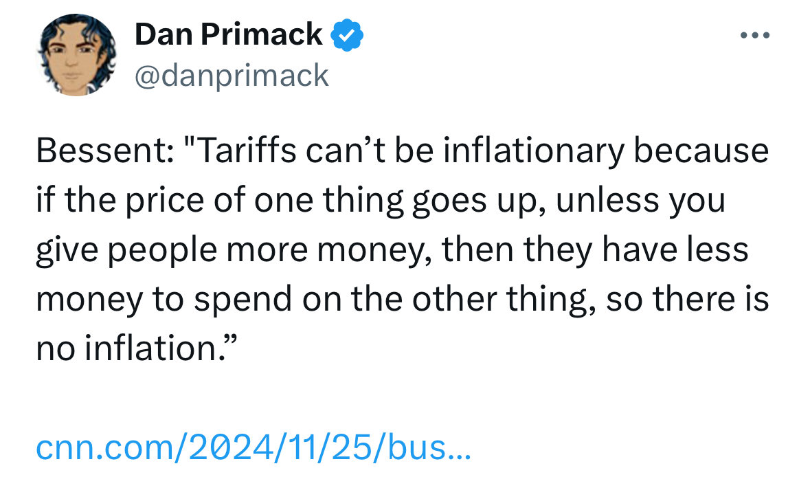 Almost exactly one year ago, Bessent told Kudlow that tariffs could not be  inflationary “unless you give people more money” to offset the cost  increase https://t.co/9IEPNvxL1O