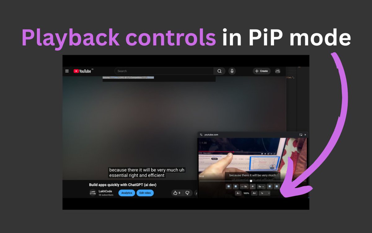 lakhcode's tweet photo. 3 new major improvements in my new "PiP mode" extension

link to my extension (v2 will be live soon) = https://t.co/787SkbqWz1

#buildinpublic #indiedev #indiehacking #chrome #chromeextension #chromewebstore https://t.co/43ciO0XGjN