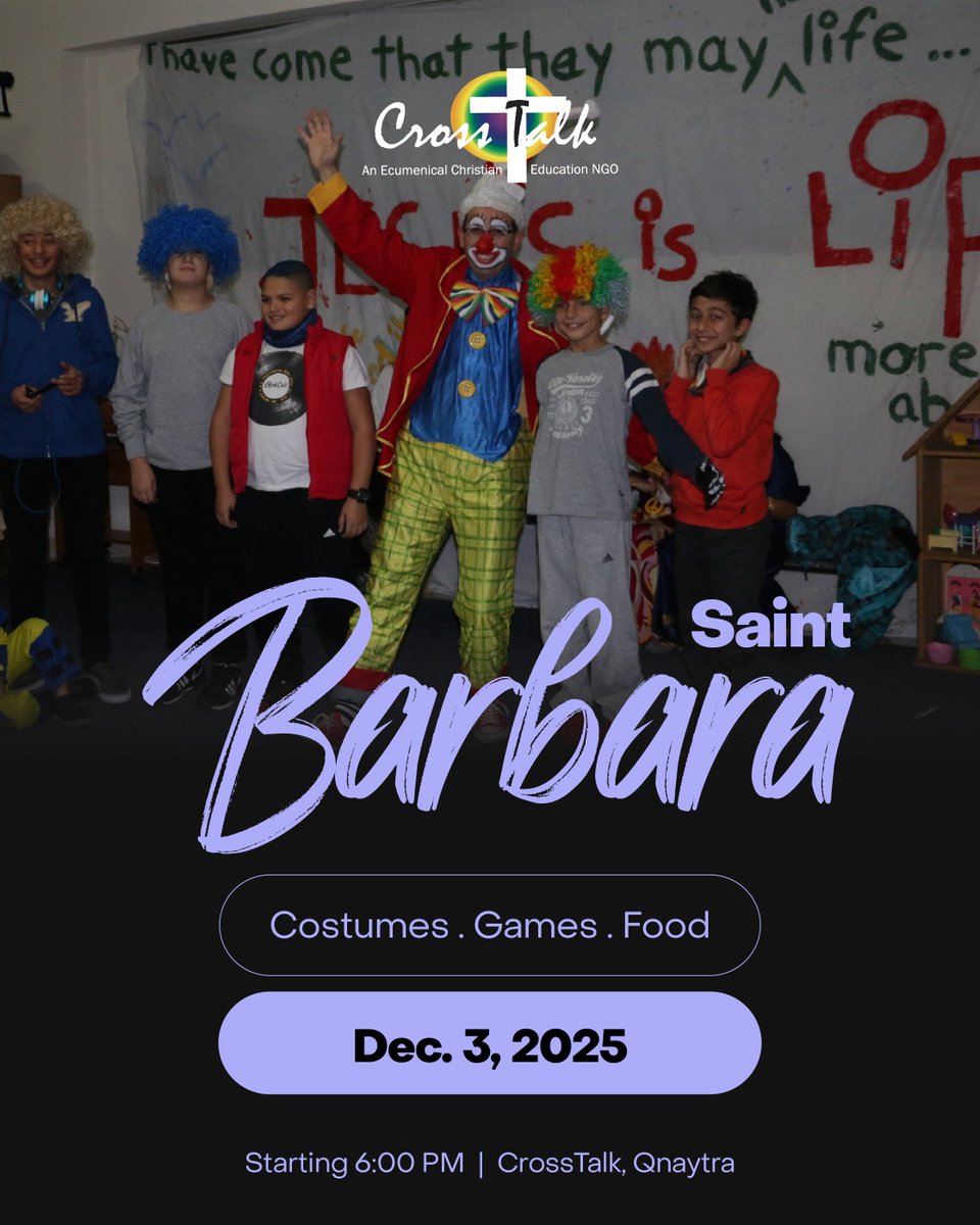 CrossTalkNGO's tweet photo. 🎉Celebrate Saint Barbara's feast with CrossTalk

Get to know the Lebanese Saint Barbara, play games and enjoy a dinner at CrossTalk, Qnaytra branch

#CrossTalk #Lebanon #saintbarbara #celebration #costumes https://t.co/HbLHhgGX4V