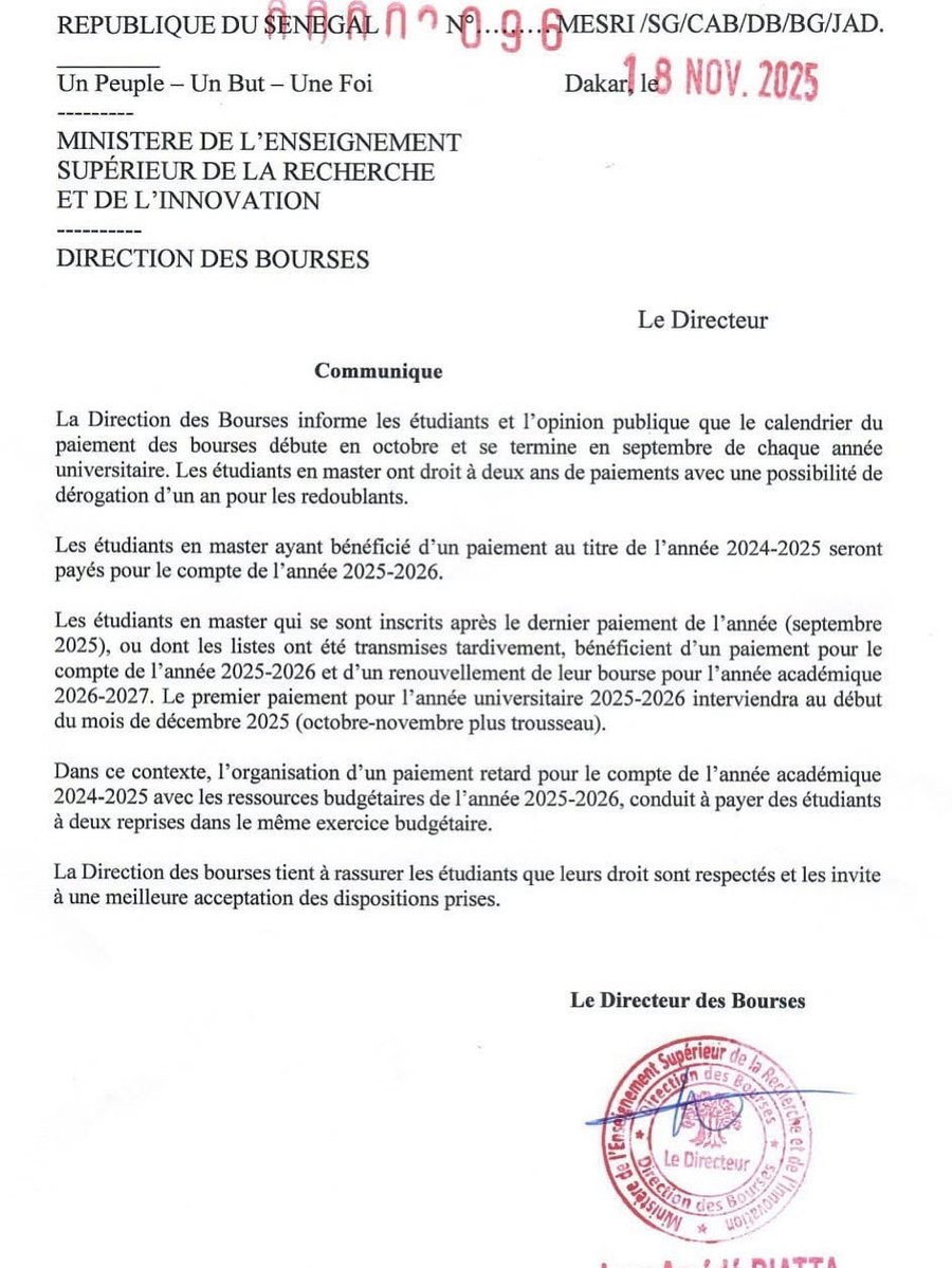 La Direction des #Bourses informe les étudiants et l'opinion publique que le calendrier du paiement des bourses débute en octobre et se termine en septembre de chaque année universitaire. Les étudiants en master ont droit à deux ans de paiements avec une possibilité …

#Mesri