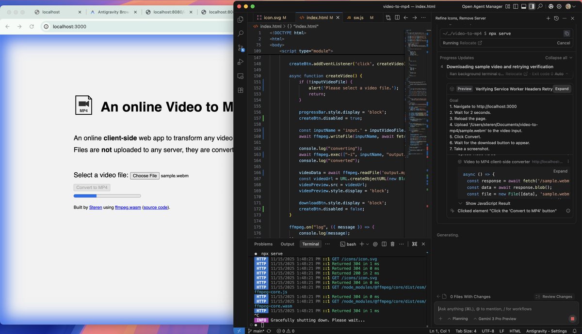 steren's tweet image. I&apos;ve been using Google @antigravity for a few days, here are my impressions:
To me, it&apos;s not an IDE, it&apos;s a coding agent UI, powered by Gemini 3 Pro.
Notably, the agent can control a Chrome browser, enabling it to validate open and use the app and it builds.