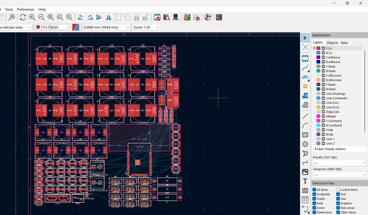 fov_engineer's tweet image. kicad9
فيه ميزات جيدة ومفيدة للمصممين، وتجربة برنامج مثله مع استناد للذكاء الصنعي توفر الكثير من الوقت في التصميم.
مثلاً تصميم دارة عاكس   موجة جيبية  نقية ثلاثية الطور مع الحسابات كاملة وتصميم كامل الدارات الجزئية وتجهيز برنامج أولي للمتحكم  لم يستغرق إلا نصف يوم من العمل.