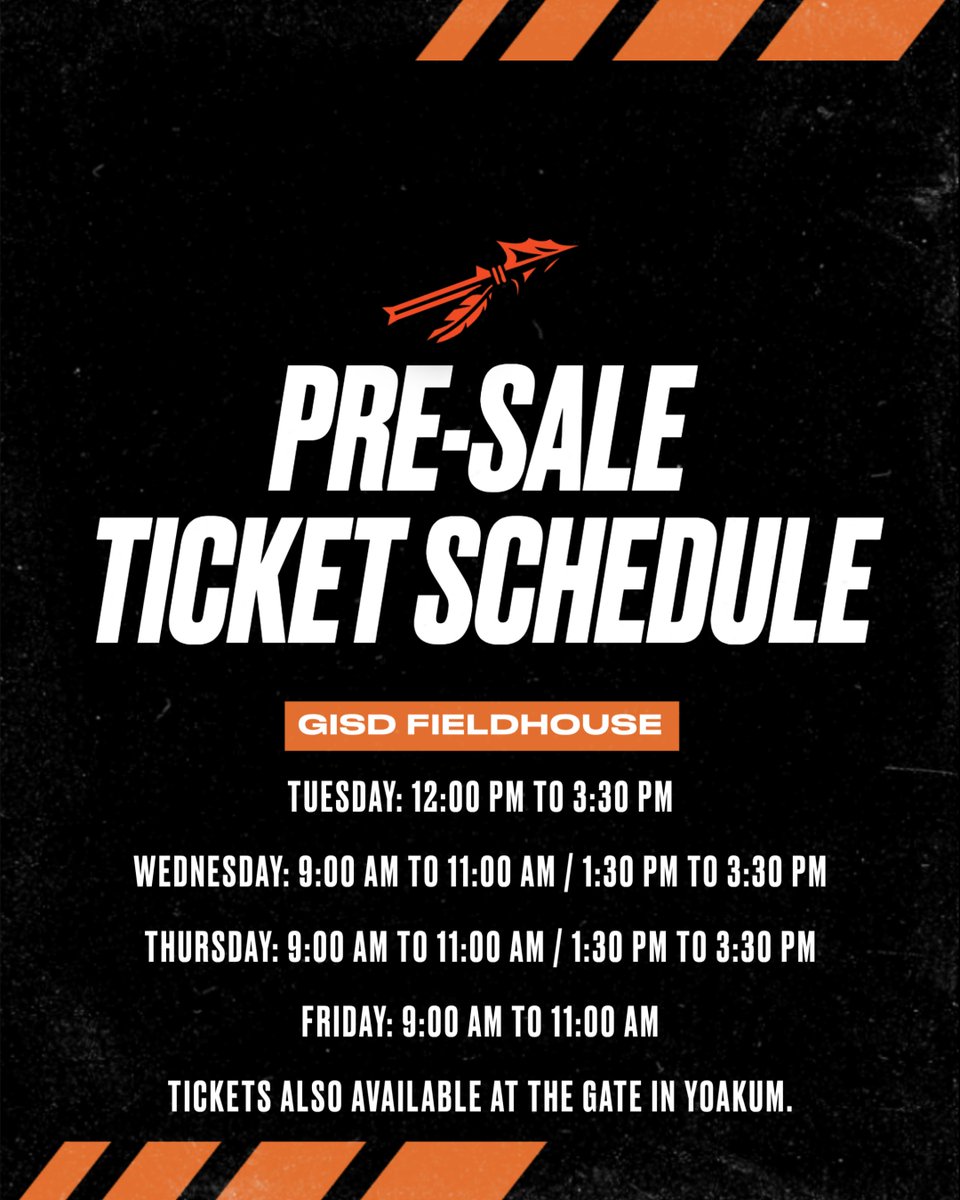ApachesGHS's tweet image. Please see the schedule below for pre-sale ticket availability at the field house. Tickets are cash only, and must be purchased using exact change. Tickets are $5 for adults and $3 for students. Tickets will also be available at the gate on Friday.