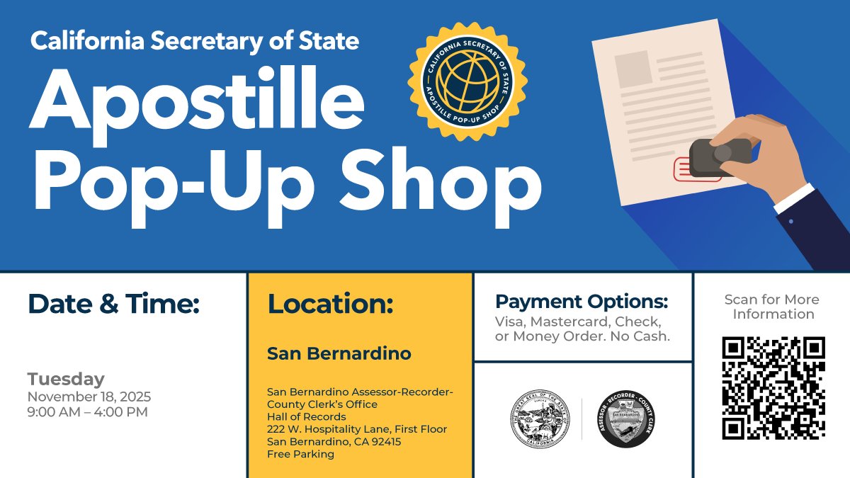 CASOSVote's tweet image. 📅  TODAY, our Apostille Pop-Up Shop will be at the San Bernardino Hall of Records from 9 a.m. to 4 p.m. If you&apos;re in need of an apostille for business abroad, please come by! 🌐 

Visit sos.ca.gov/notary/request… for more information.