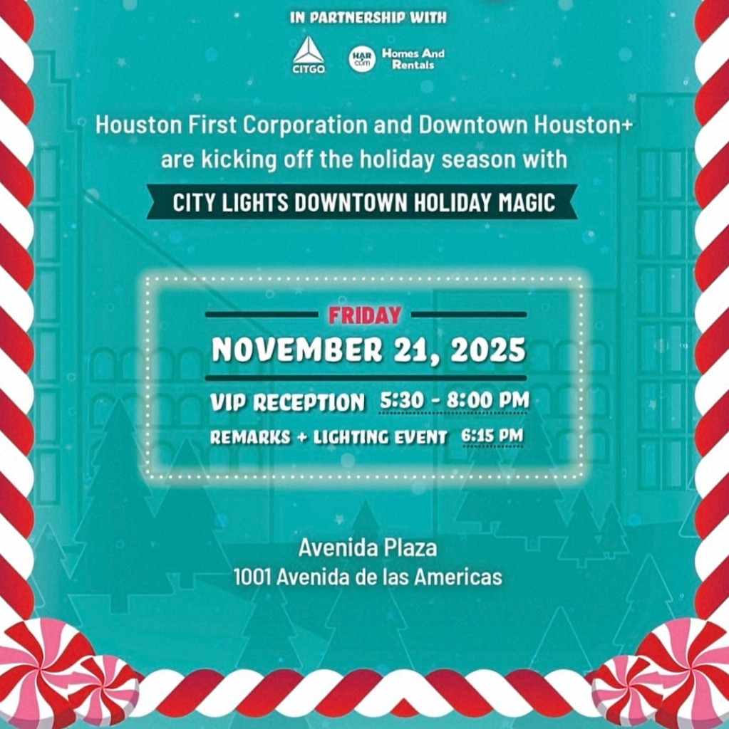 TwilaForHouston's tweet image. Houston First Corporation and Downtown Houston+ are kicking off the holiday season this Friday with City Lights Downtown Holiday Magic, presented by Kroger. The celebration features festive lights, music, holiday activities, and the lighting of the new 42-foot holiday tree. This…