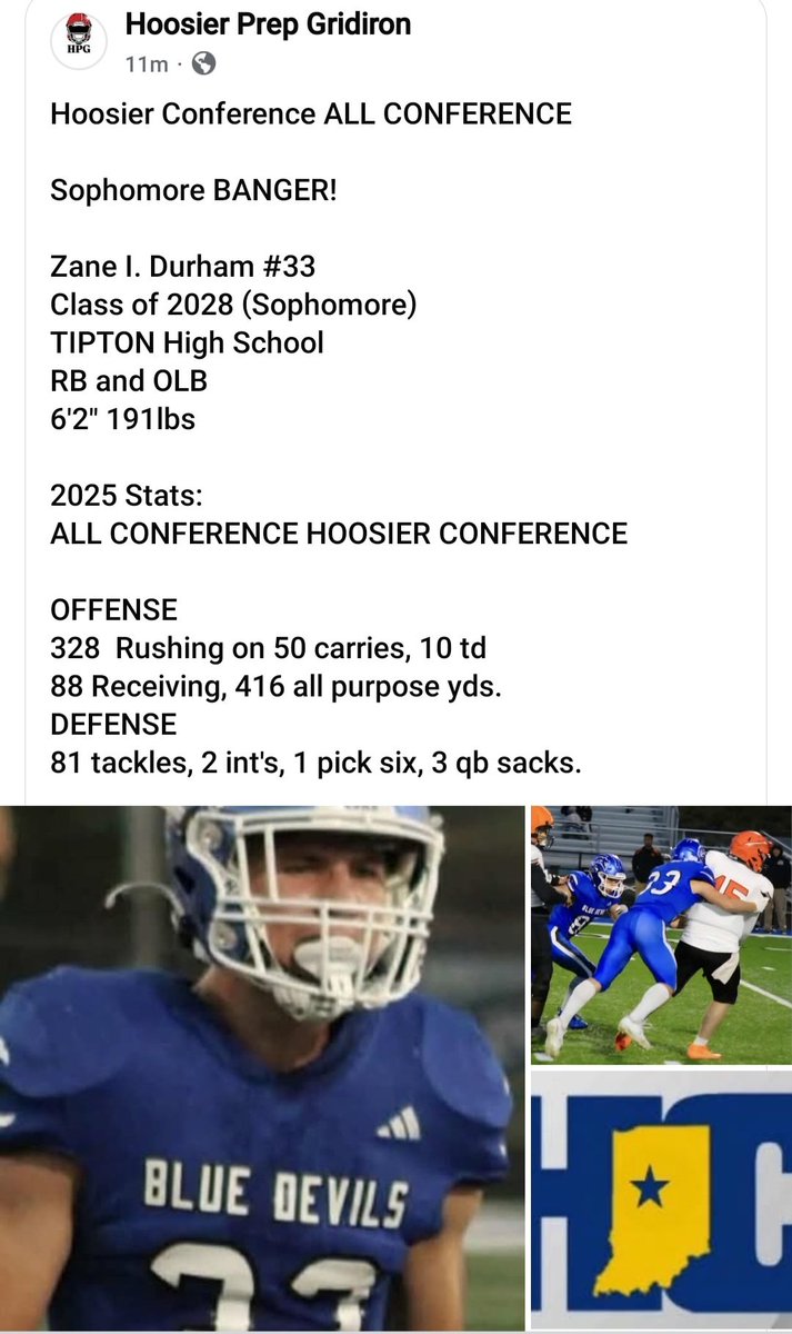Huge thank you for the shout out, Hoosier Prep Gridiron, I am blessed and honored, training has begun, can't wait to show you the next chapter, Tipton High School #87 DURHAM...